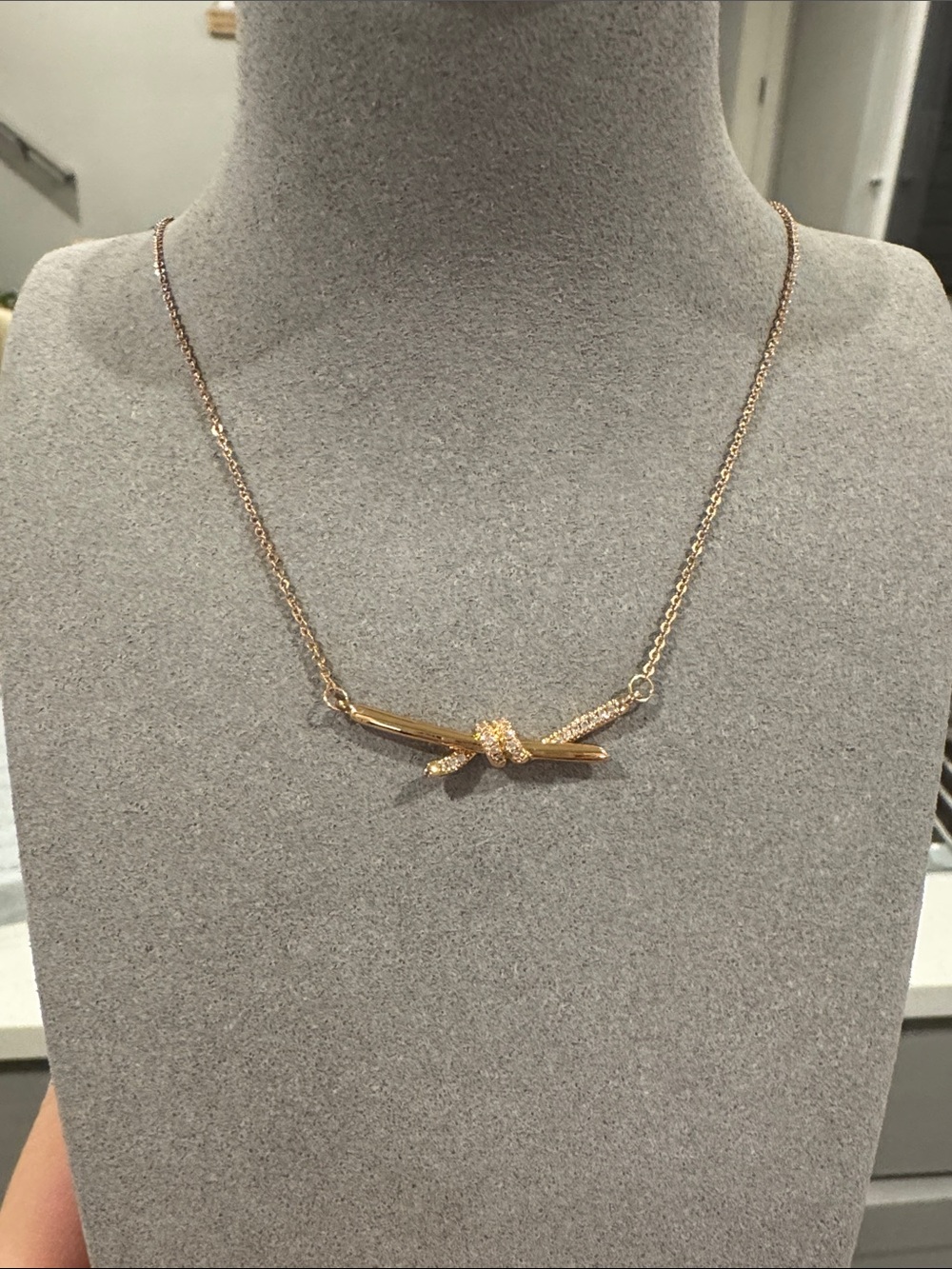 Knot Style CZ Bar Pendant Necklace – Gold Tone